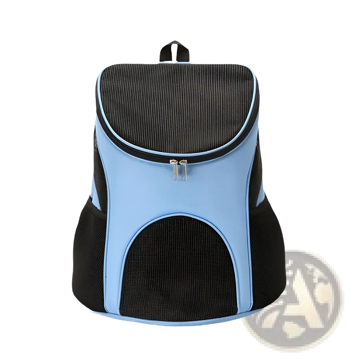 Light blue and black dog carrier backpack with breathable mesh panels for ventilation small pet travel bag