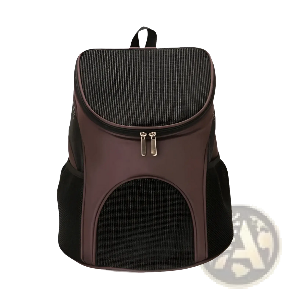 Brown and black mesh dog carrier backpack with front zipper closure breathable small pet travel bag