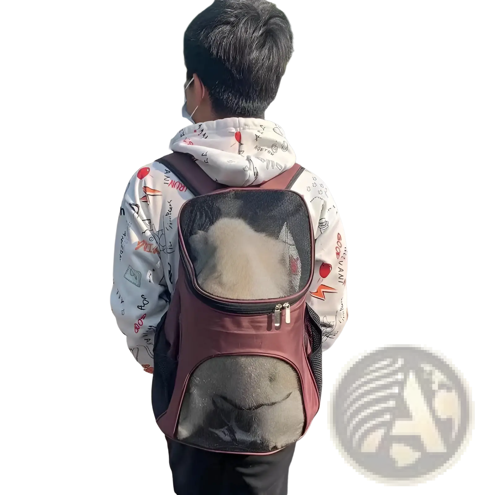 Maroon and black breathable mesh dog carrier backpack with front zippered pocket for small pet travel