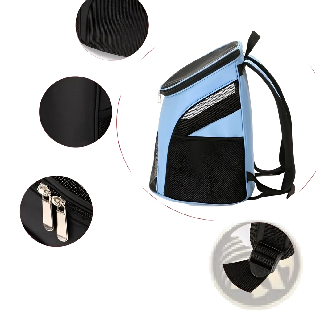 Light blue and black mesh dog carrier backpack with adjustable straps and silver zipper pulls for small pet travel