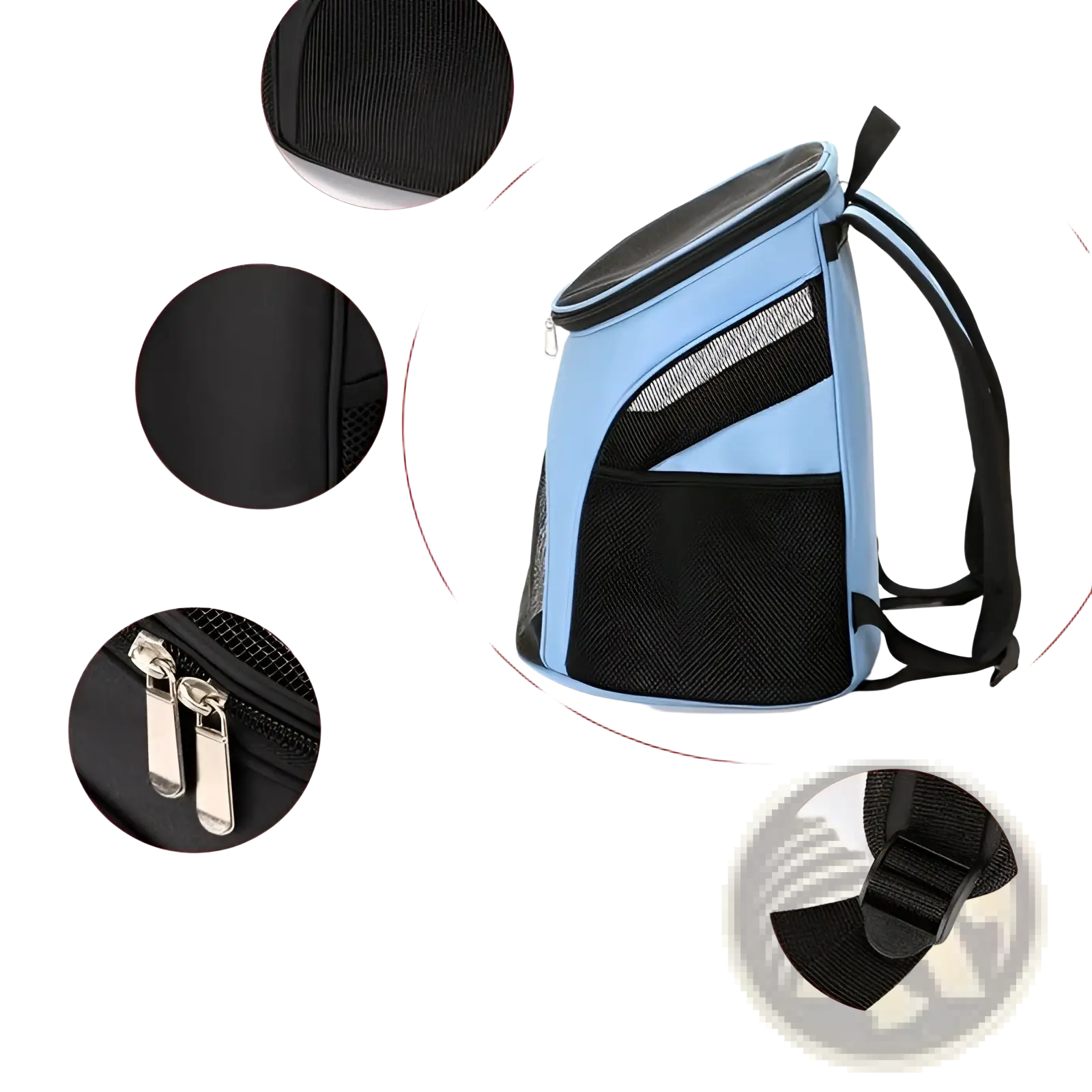 Light blue and black mesh dog carrier backpack with adjustable straps and silver zipper pulls for small pet travel