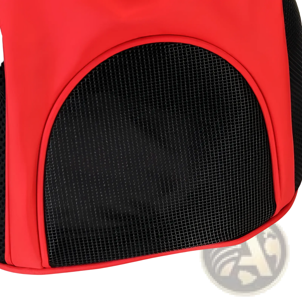 Red dog carrier backpack with breathable black mesh panel designed for small pet travel and comfort