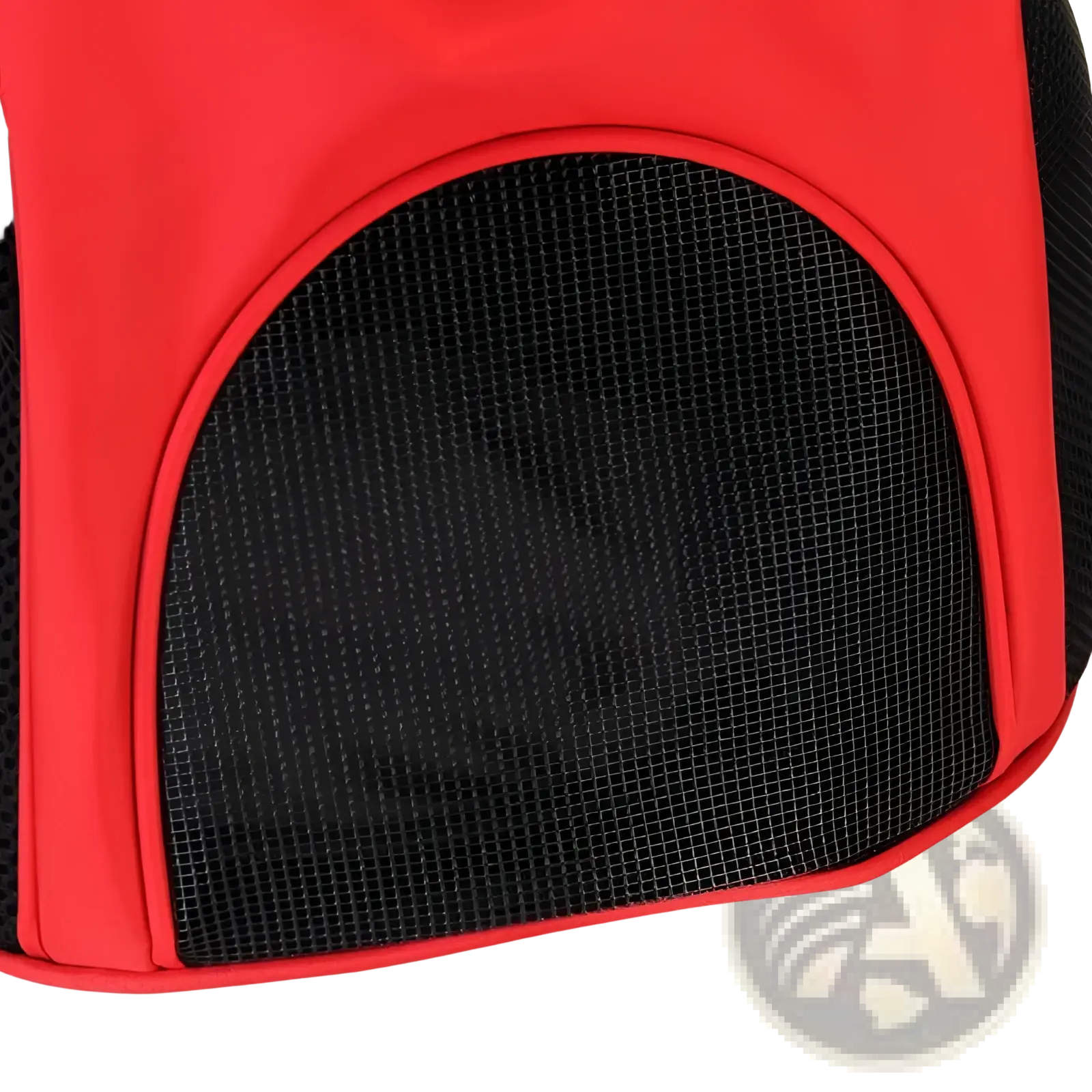 Red dog carrier backpack with breathable black mesh panel designed for small pet travel and comfort