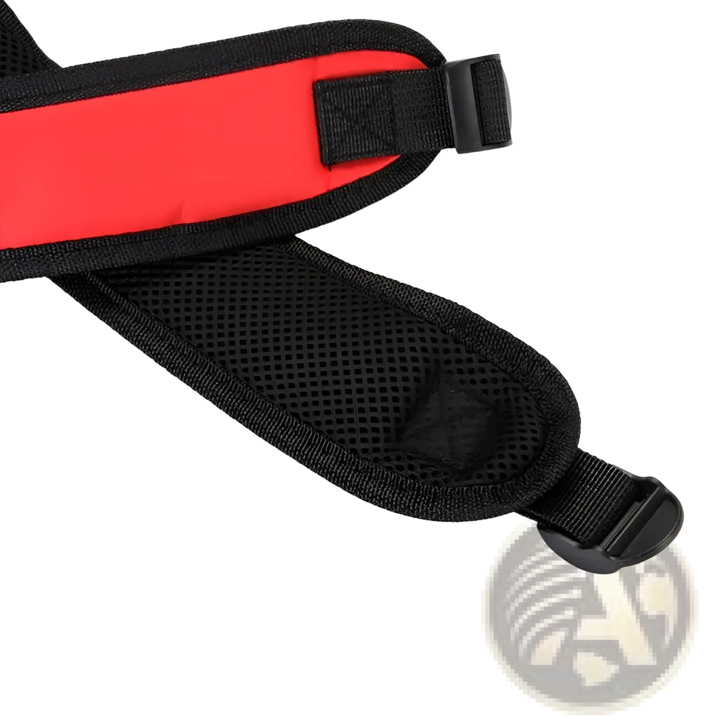 Red and black padded shoulder strap with breathable mesh lining and plastic buckles for dog carrier backpack