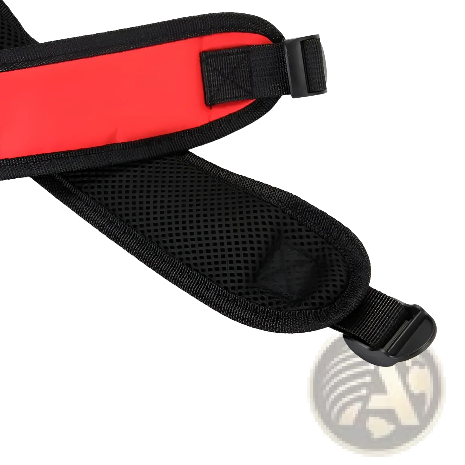 Red and black padded shoulder strap with breathable mesh lining and plastic buckles for dog carrier backpack