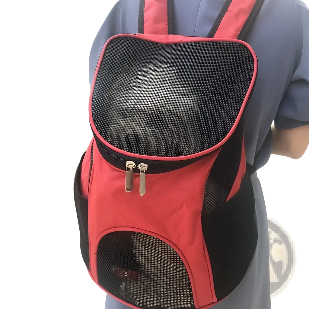 Red and black breathable mesh dog carrier backpack with adjustable straps for small pet travel bag shown from the back side