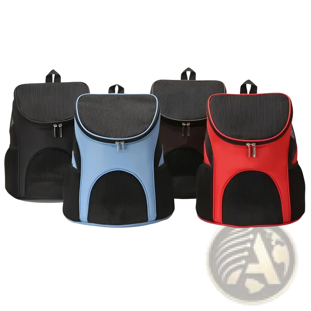 Dog carrier backpack breathable mesh small pet travel bag in black blue and red with mesh panels and zipper closures