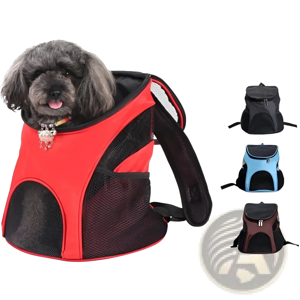Red and black mesh dog carrier backpack with adjustable straps designed for comfortable small pet travel