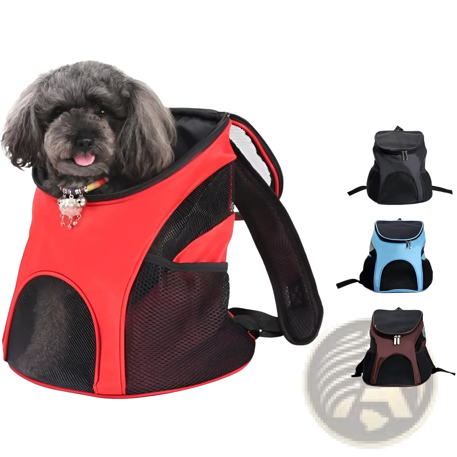Red and black mesh dog carrier backpack with adjustable straps designed for comfortable small pet travel