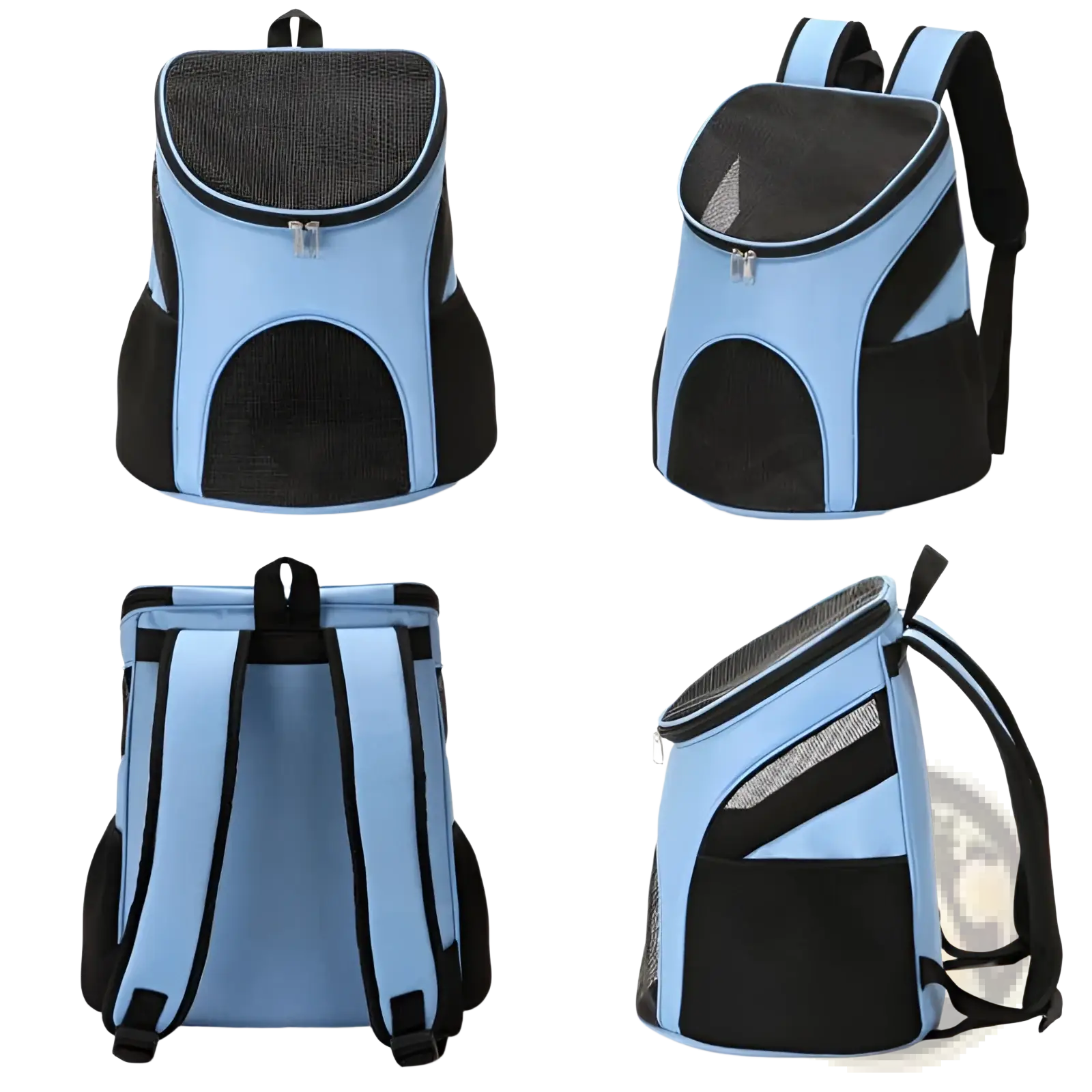 Light blue and black dog carrier backpack with breathable mesh panels for ventilation and small pet travel use