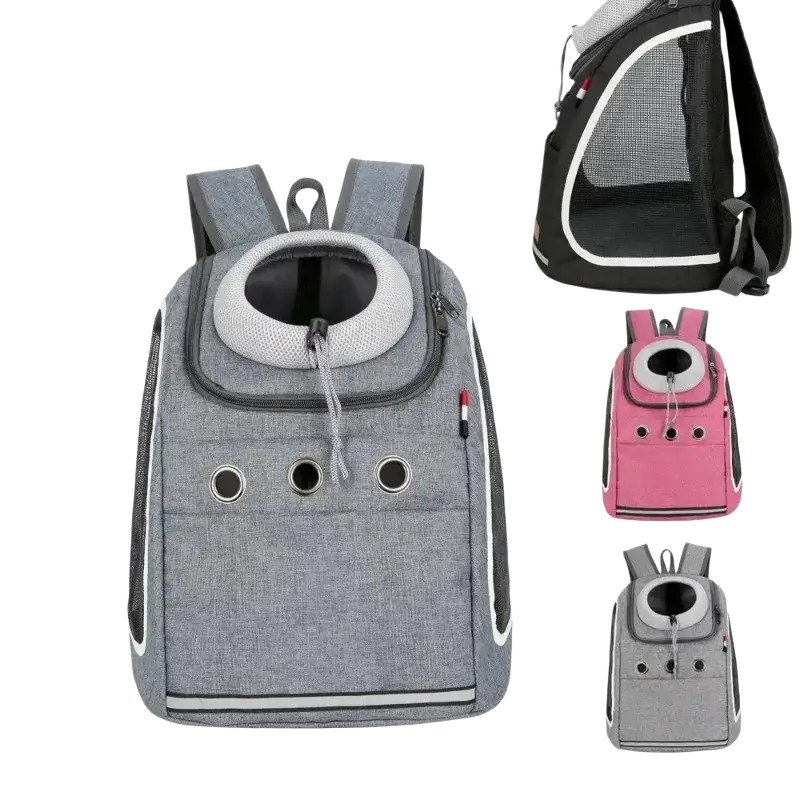 Gray textured dog carrier bag with circular mesh opening black accents and white trim breathable pet backpack for small dogs