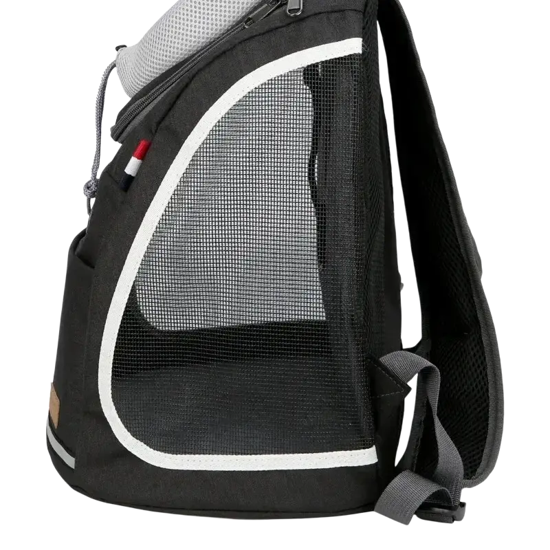 Black dog carrier bag with mesh sides white trim and gray interior lining breathable pet backpack for small dogs