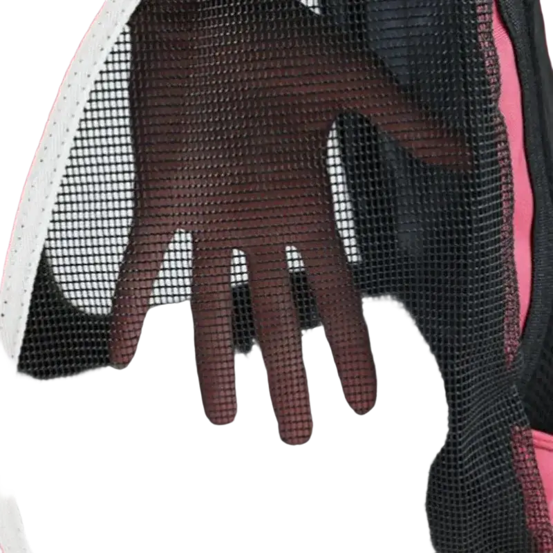 Black mesh panel with pink and white trim on the back of gray dog carrier bag breathable pet backpack for small dogs