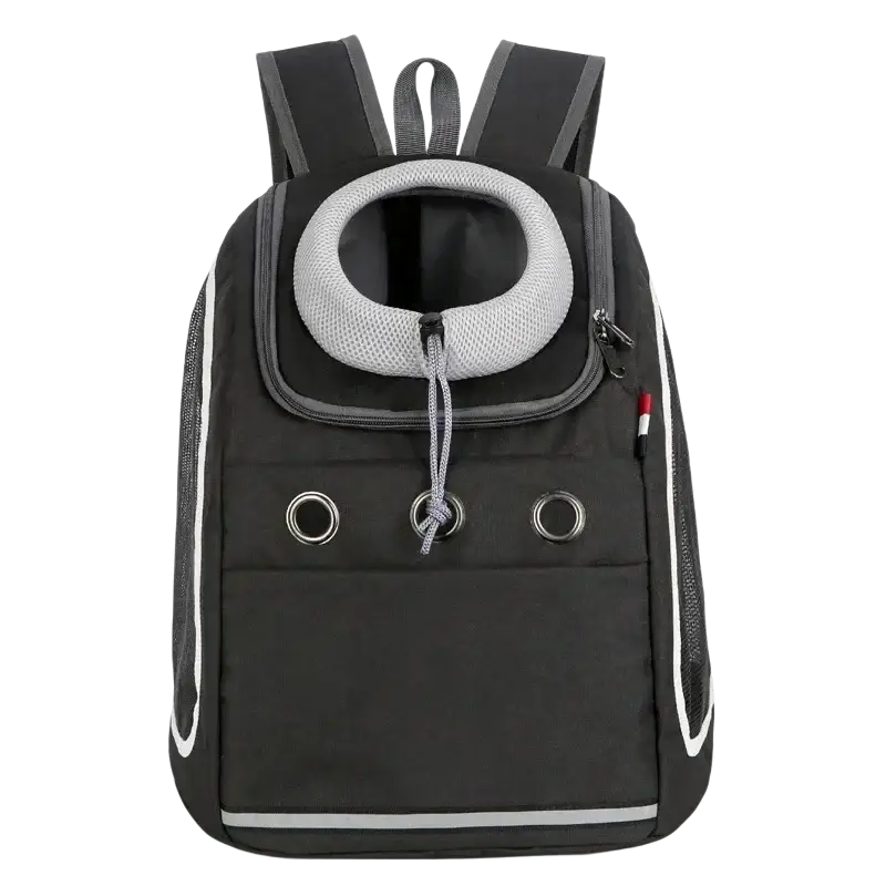 Black dog carrier bag with gray mesh collar opening and white reflective trim for small dogs travel use