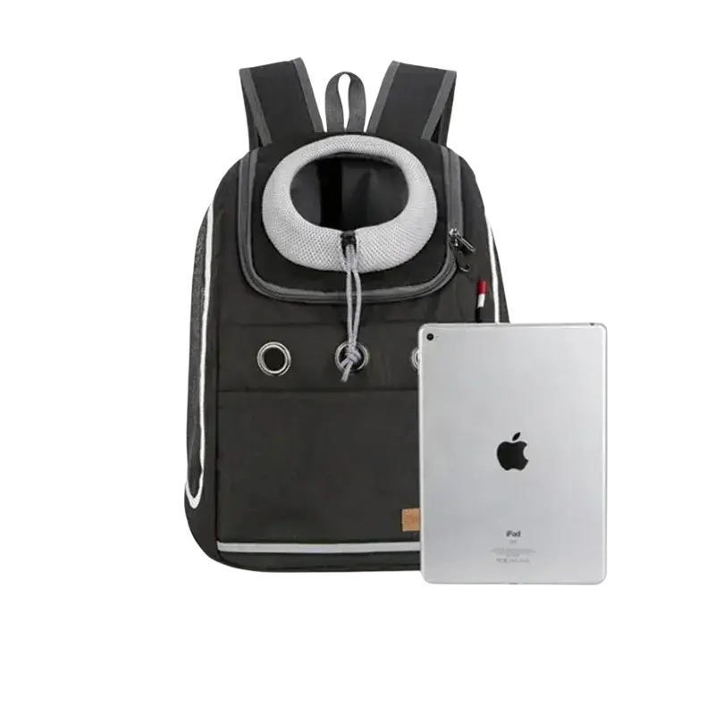 Black and gray breathable dog carrier bag with mesh circular opening, adjustable straps, and reflective trim for small dogs