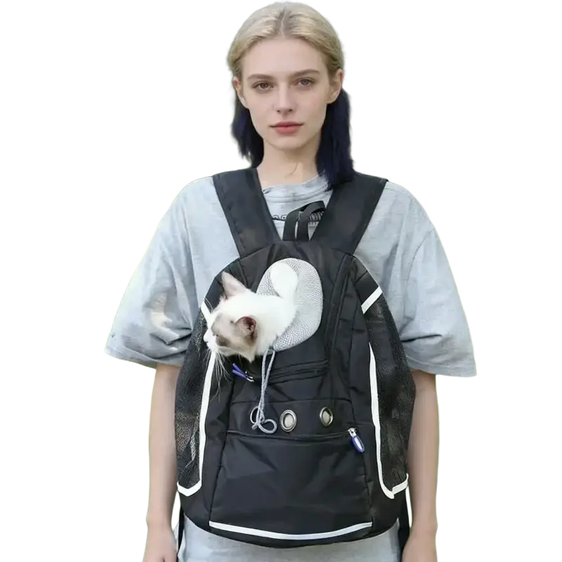 Black mesh dog carrier bag with white trim and circular mesh opening for cat head in breathable pet backpack design