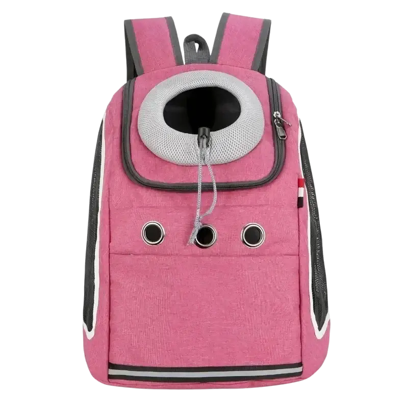 Pink dog carrier backpack with gray mesh window and black trim breathable pet backpack for small dogs travel use