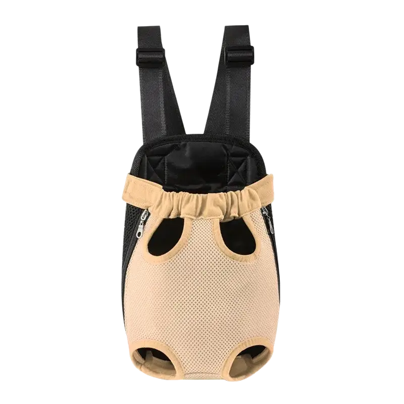 Beige mesh dog carrier backpack with black adjustable straps and zipper side pockets for small pet travel