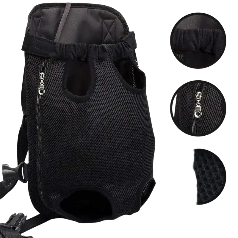 Black mesh dog carrier backpack with adjustable straps and zipper closures for small pet travel use