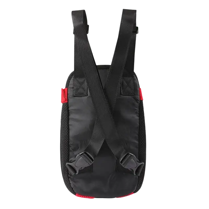 Black tactical style dog carrier backpack with red accents and adjustable straps for small pet travel use