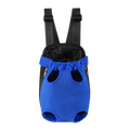 Blue mesh dog carrier backpack with black straps and zipper details for small pet travel and comfort