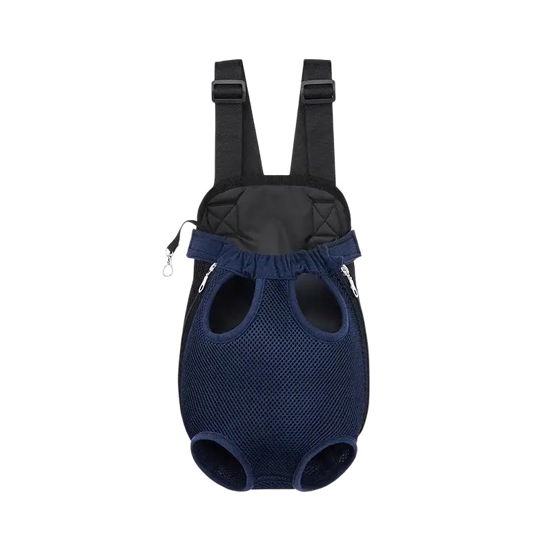 Navy blue mesh dog carrier backpack with black adjustable straps and zipper closures for small pets travel use