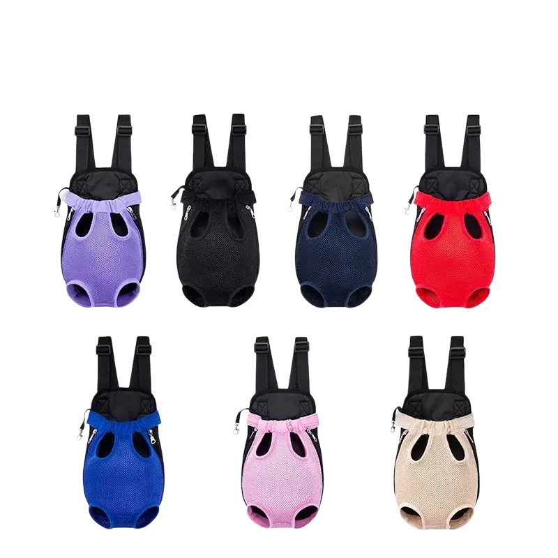 Dog carrier backpack with front mesh body and adjustable straps available in purple black navy red royal blue pink and beige