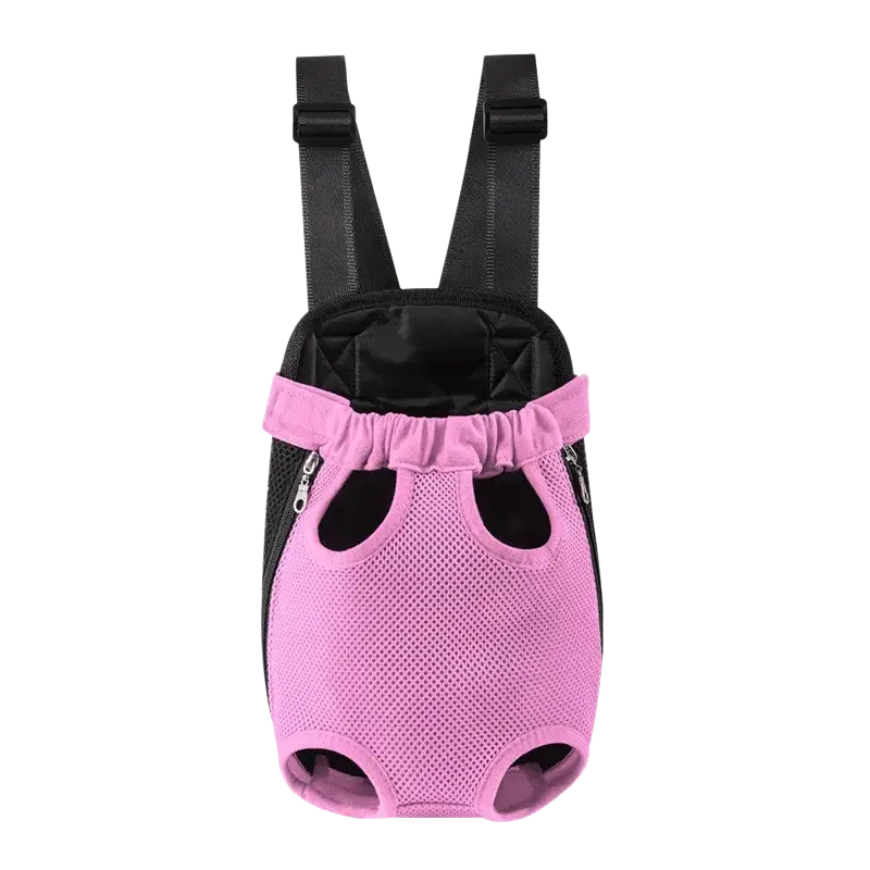 Pink mesh dog carrier backpack with black adjustable straps and zipper pockets for small pet travel use