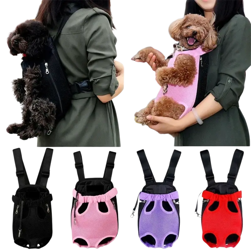 Pink mesh dog carrier backpack with black straps and adjustable drawstring closure for small pets