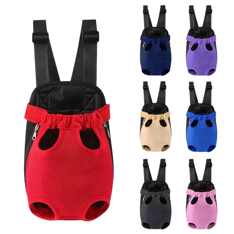 Red mesh dog carrier backpack with black straps and side zippers for small pets travel use