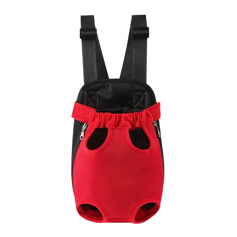 Red mesh dog carrier backpack with black straps and side zippers for small pet travel and comfort