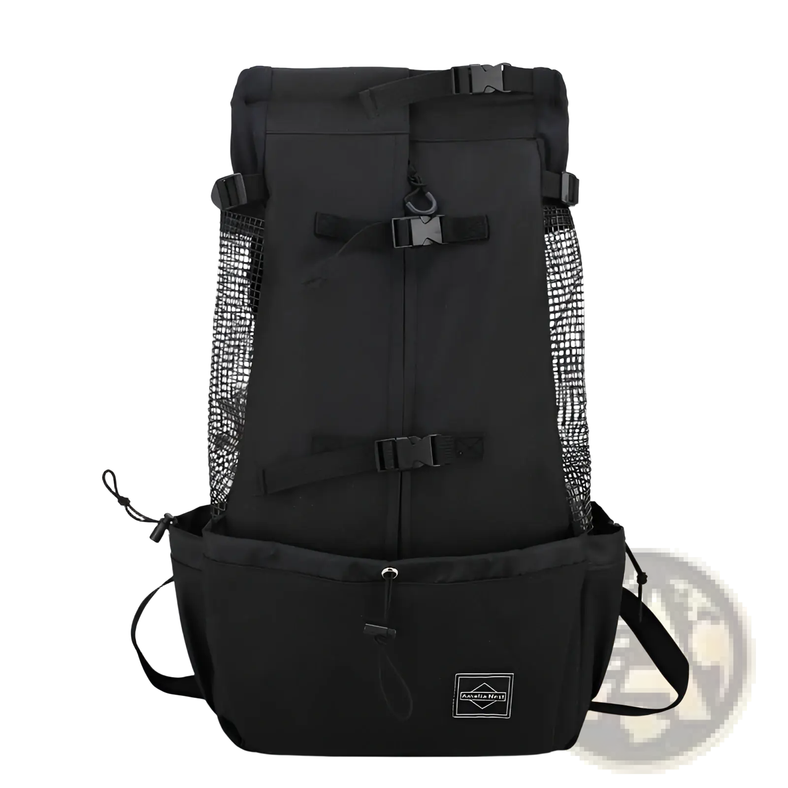 Black dog carrier backpack with mesh side panels and adjustable straps for portable travel use shown from back side