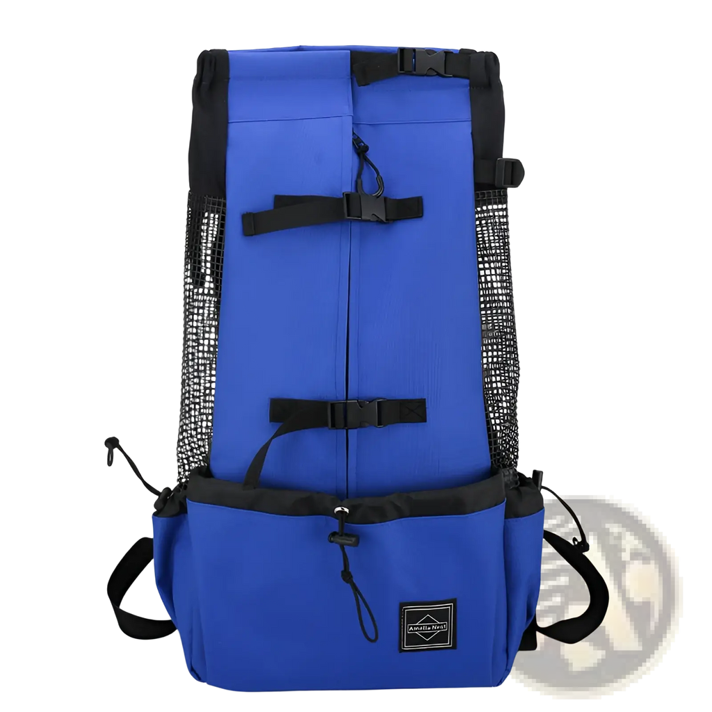 Blue mesh-sided dog carrier backpack with black straps and buckle closures for portable travel use