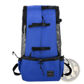Blue mesh-sided dog carrier backpack with black straps and buckle closures for portable travel use