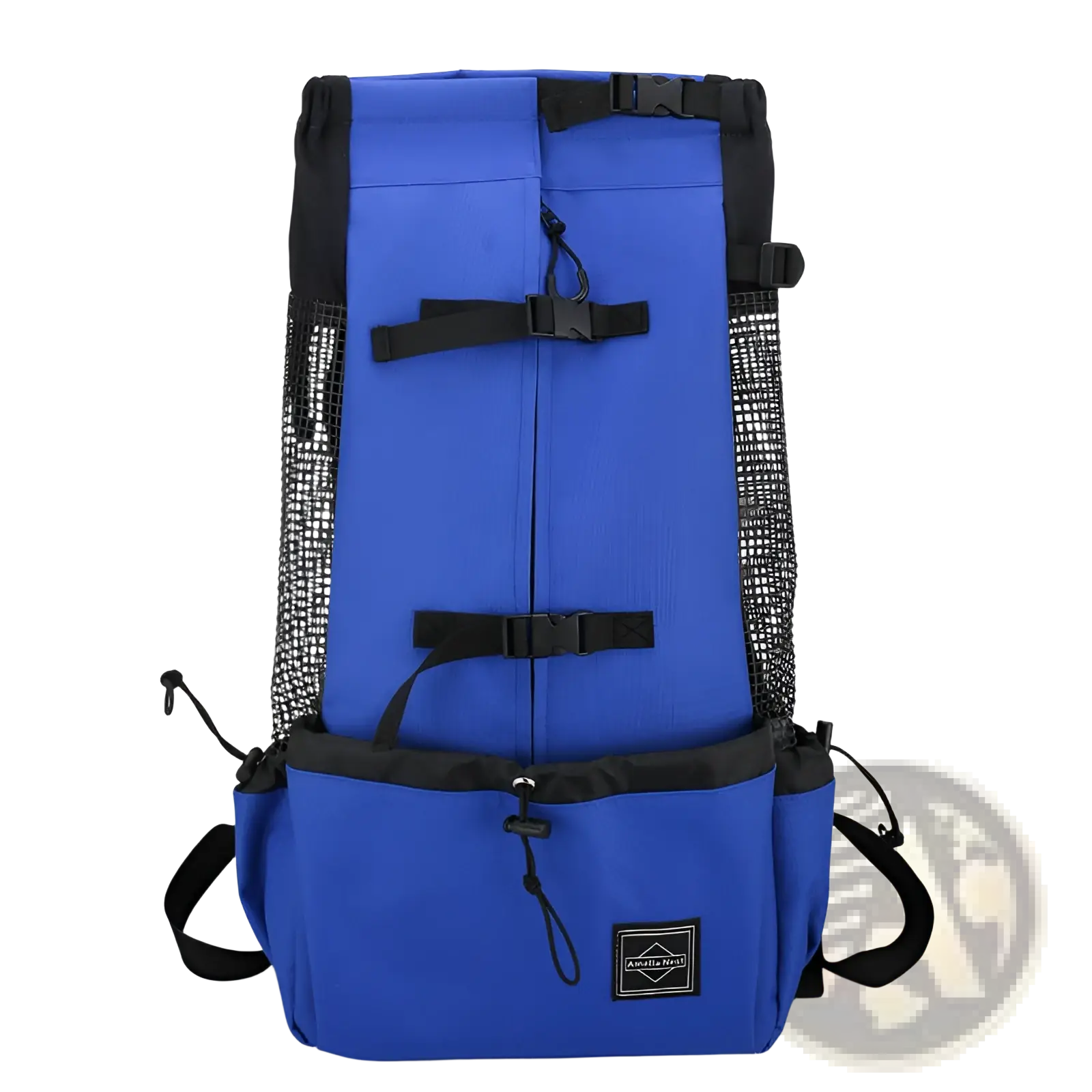 Blue mesh-sided dog carrier backpack with black straps and buckle closures for portable travel use