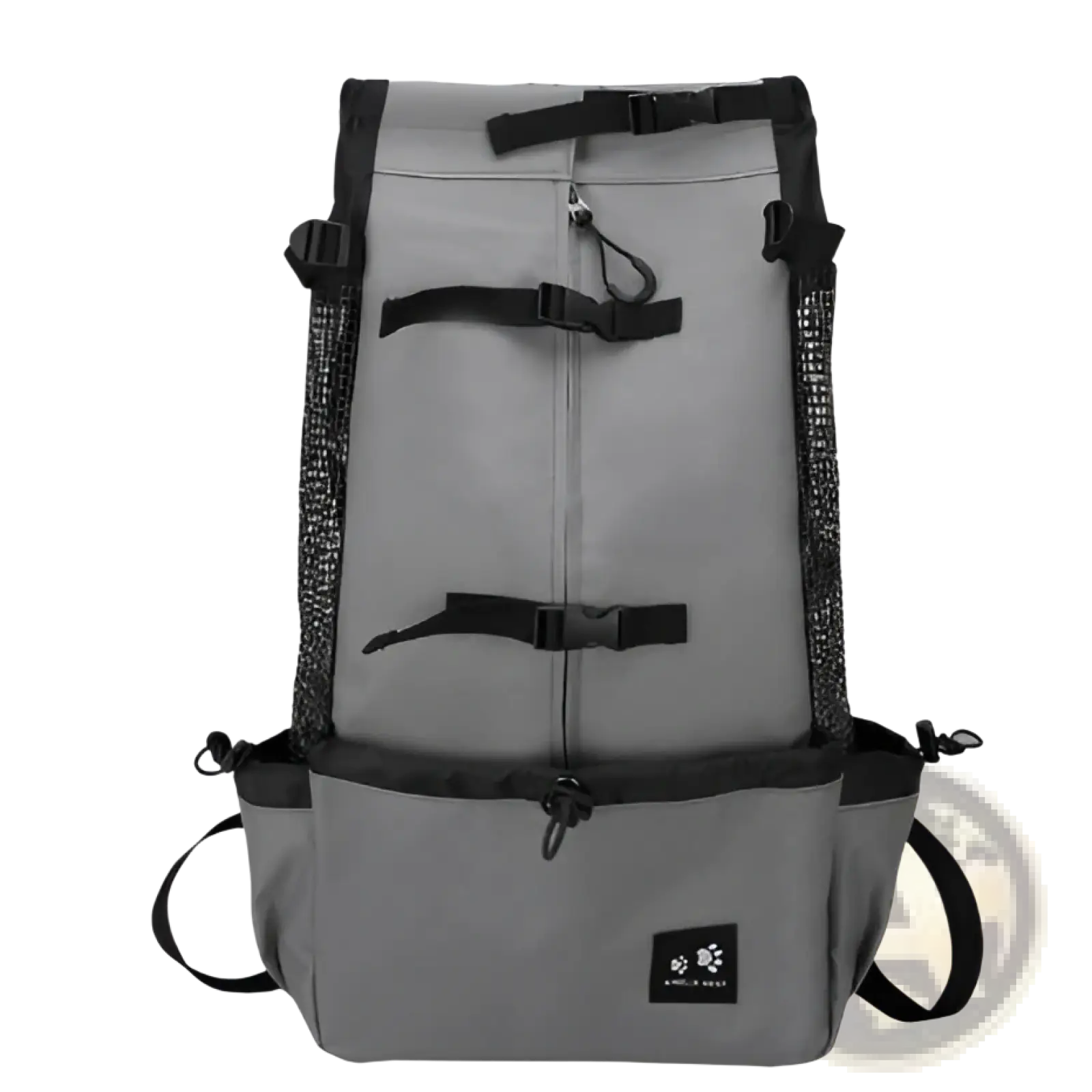 Gray dog carrier backpack with black mesh side panels and adjustable straps for portable travel use