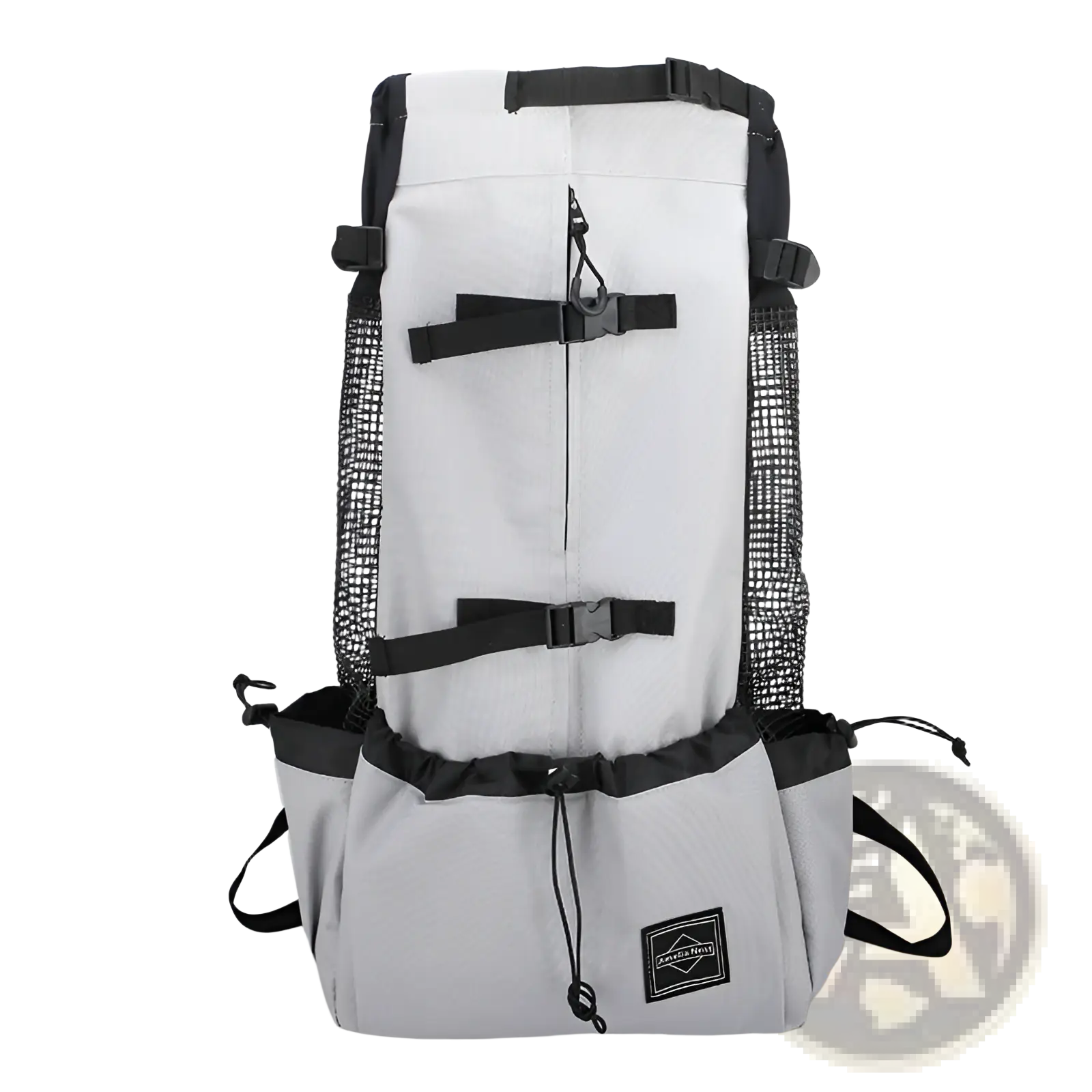 Light gray and black mesh and nylon dog carrier backpack with adjustable straps and drawstring bottom compartment