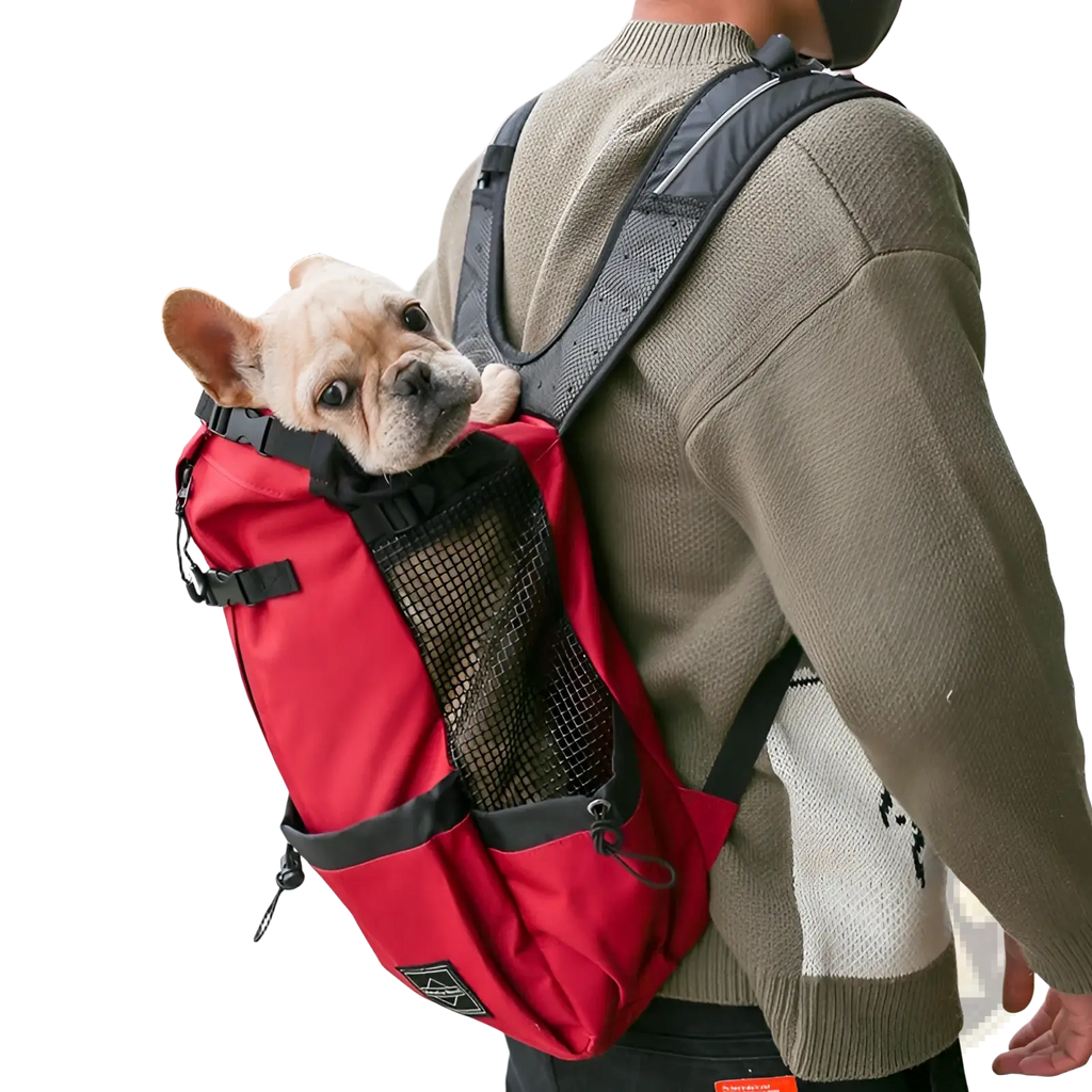 Red and black dog carrier backpack with mesh side panel for portable travel and ventilation