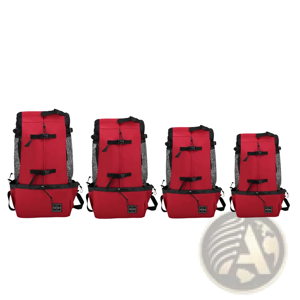 Red dog carrier backpack with black straps and mesh side panels designed for portable travel use