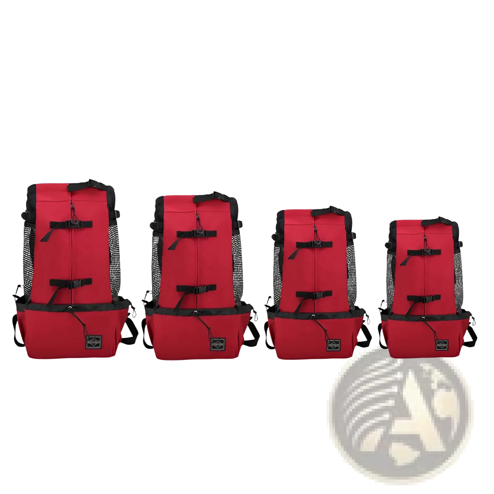 Red dog carrier backpack with black straps and mesh side panels designed for portable travel use
