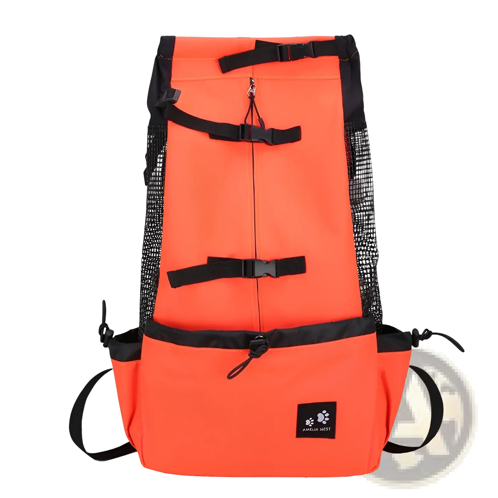 Bright orange dog carrier backpack with black mesh side panels and adjustable straps for portable travel use