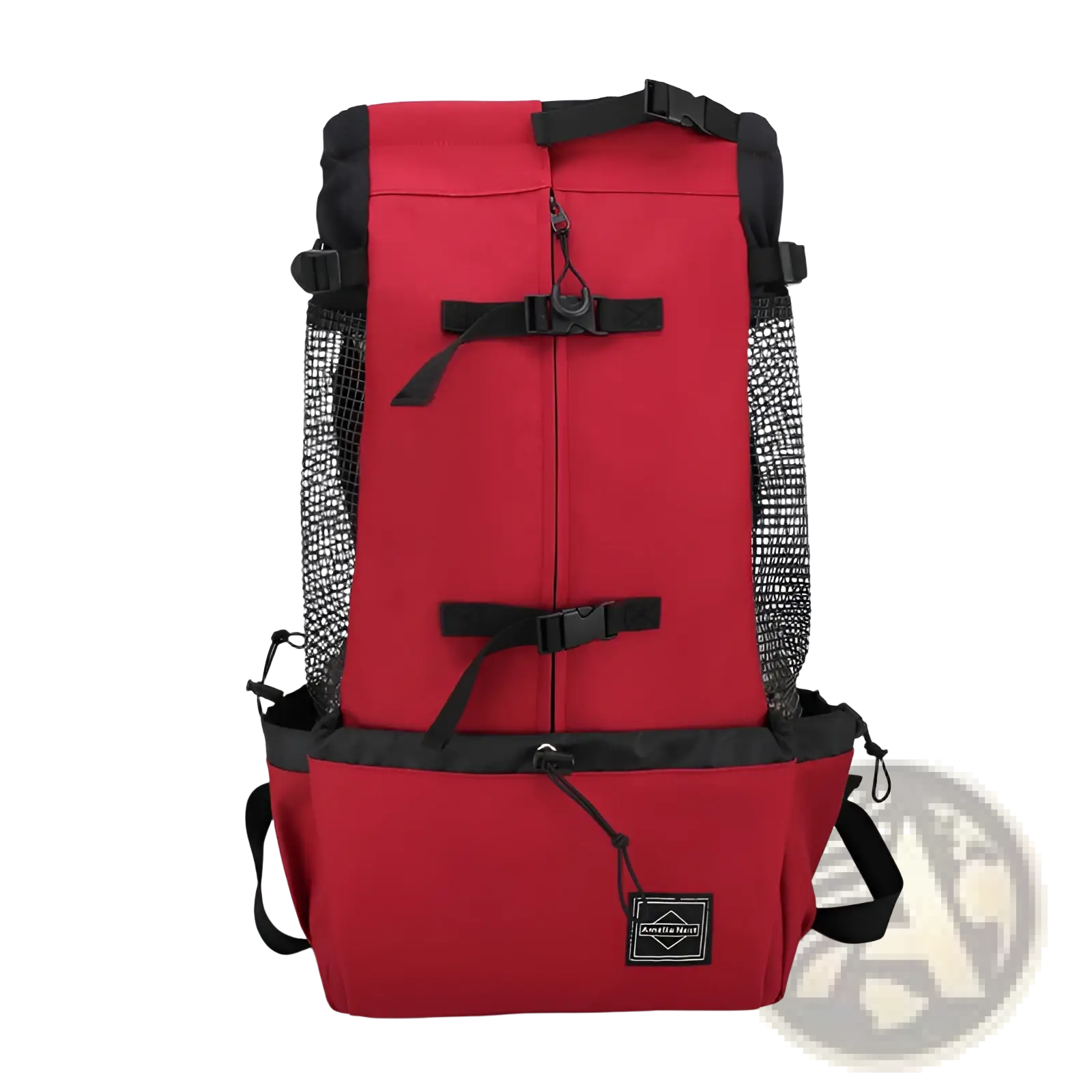 Red and black mesh-sided dog carrier backpack with adjustable straps and front pocket for portable travel use