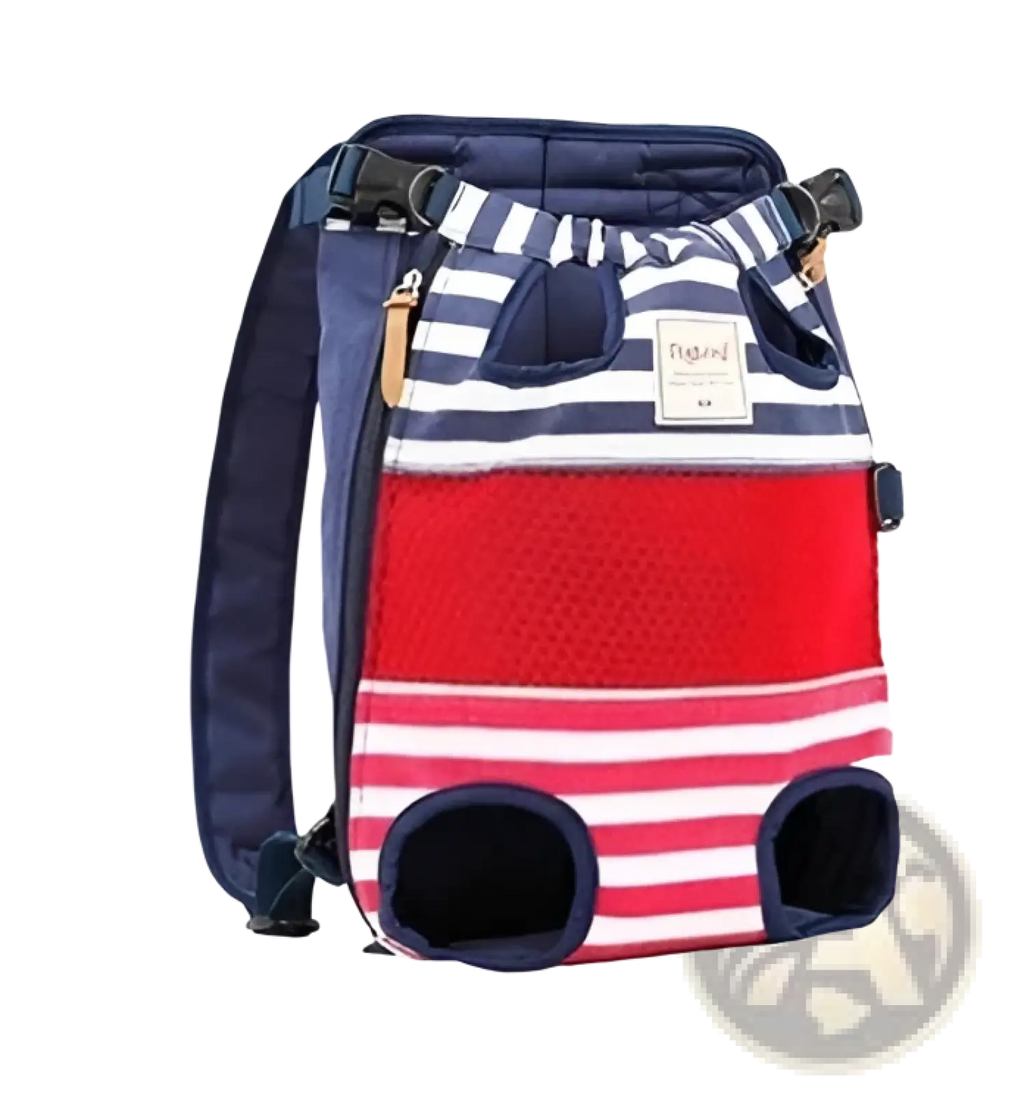 Navy blue and red striped dog carrier backpack with breathable mesh panels and adjustable straps for comfort