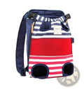 Navy blue and red striped dog carrier backpack with breathable mesh panels and adjustable straps for comfort