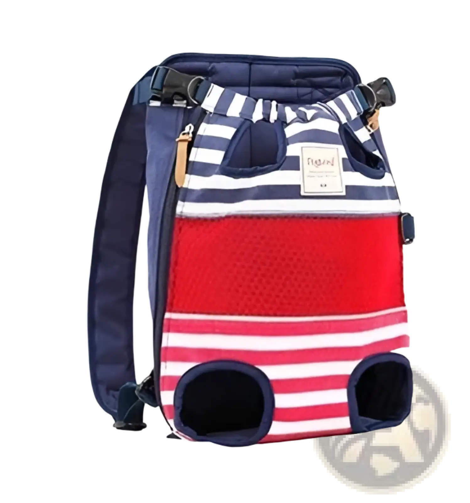 Navy blue and red striped dog carrier backpack with breathable mesh panels and adjustable straps for comfort