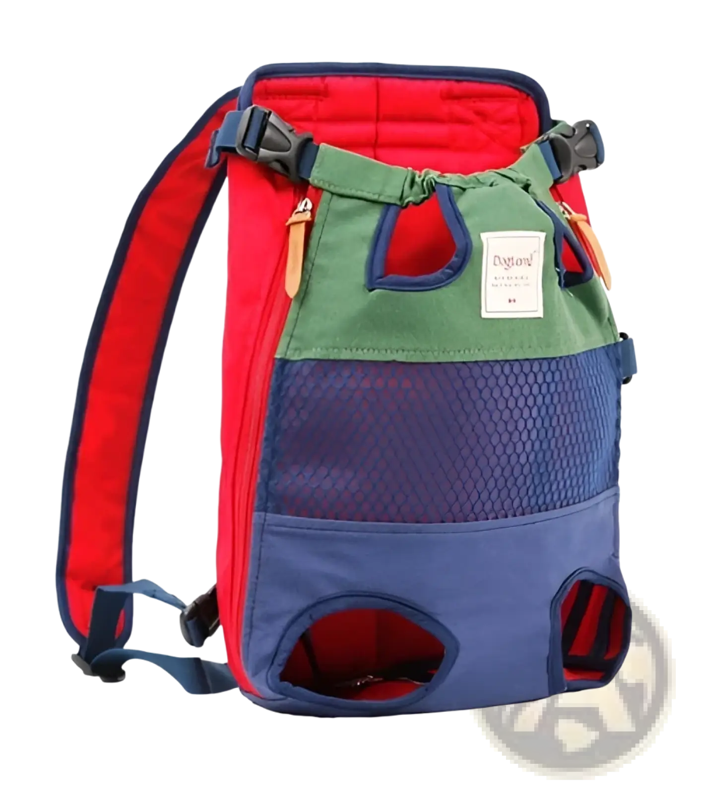 Colorful oxford dog carrier backpack with red green and blue panels made of durable fabric and breathable mesh