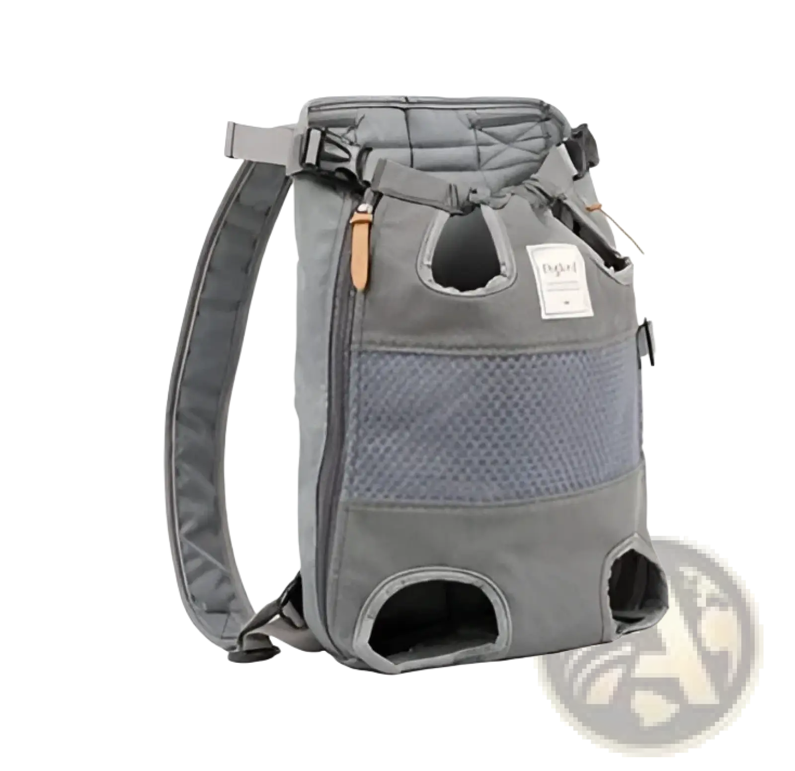 Gray dog carrier backpack with breathable mesh panels and adjustable straps for comfortable pet transport
