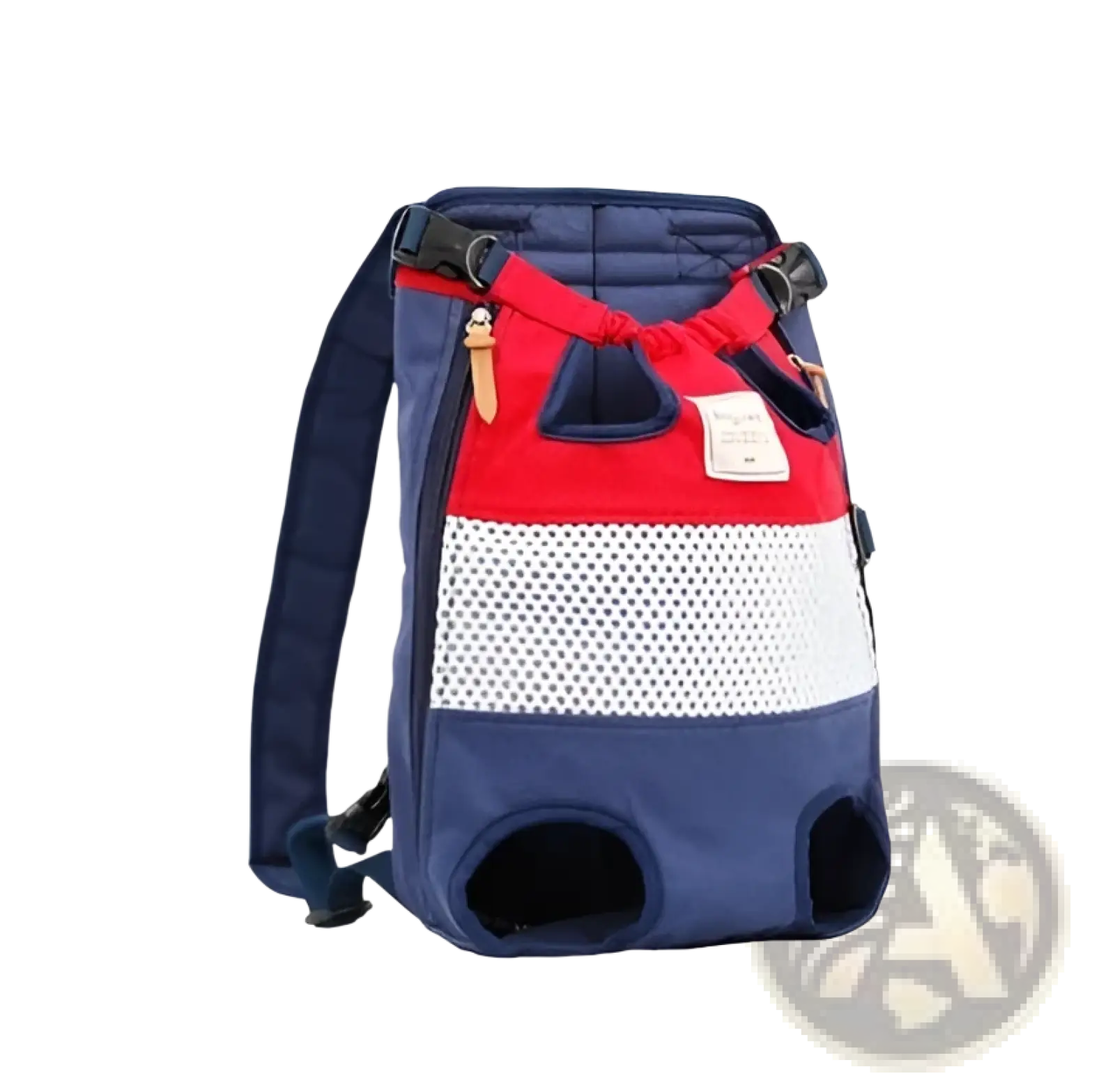 Blue red and white dog carrier backpack with breathable mesh paneling and adjustable straps for pet comfort