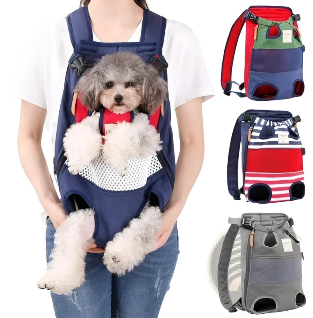 Blue and red dog carrier backpack with breathable mesh panels adjustable straps and front pocket for comfort and convenience