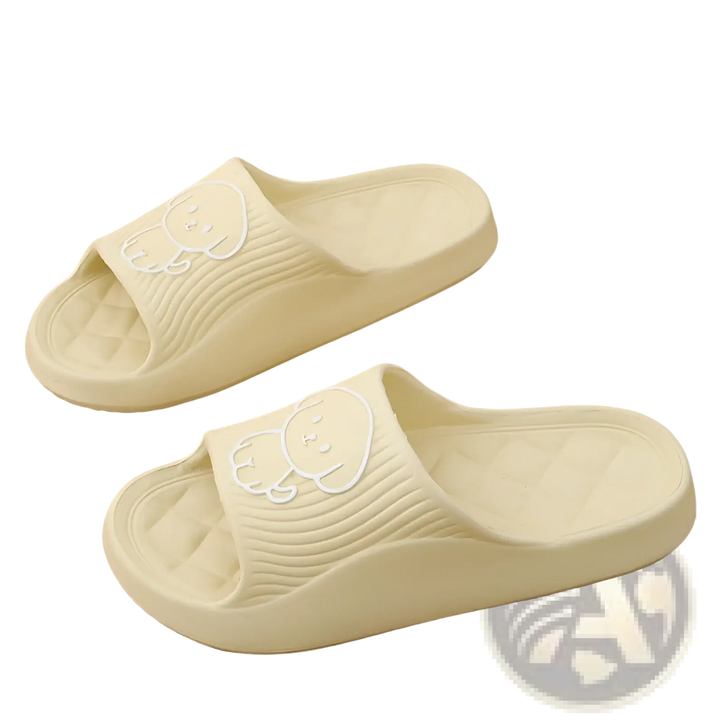 Cream-colored rubber dog cartoon slide sandals with non slip eva sole featuring a white cartoon character design